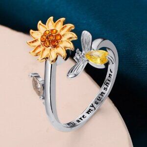Bee Spinning Sunflower Fidget Rhinestones 925 Stainless Cuff Ring